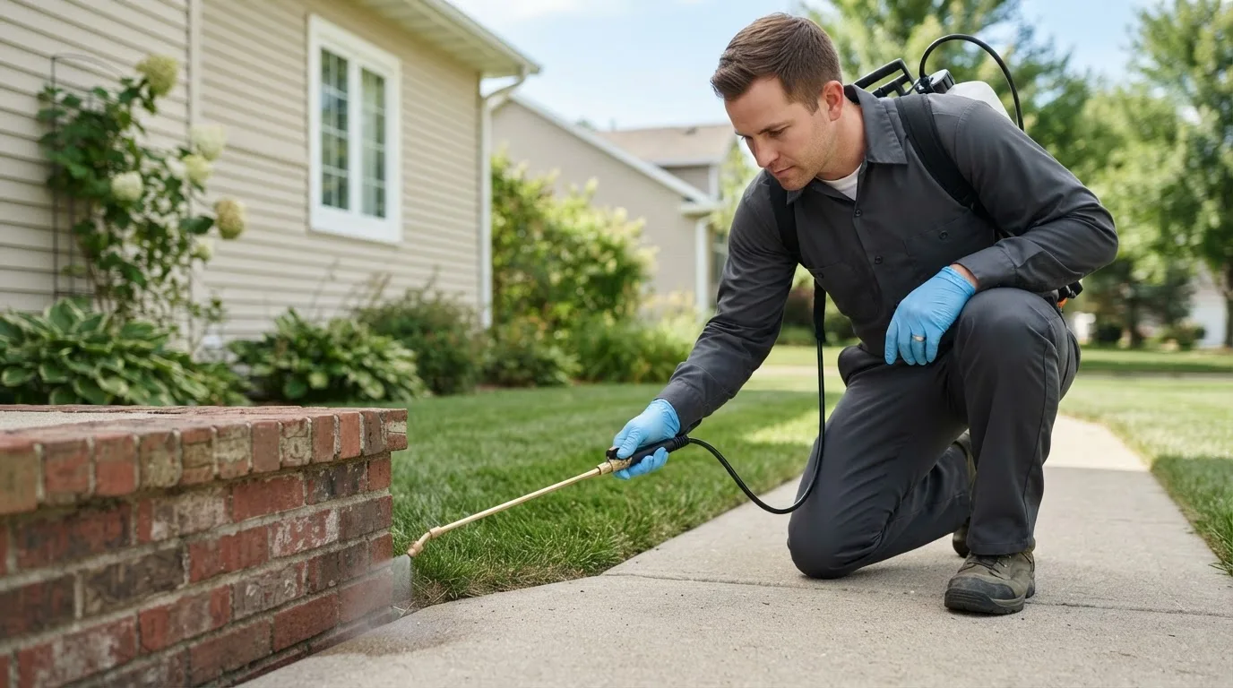 Pest control technician treating a home near Montague, MA