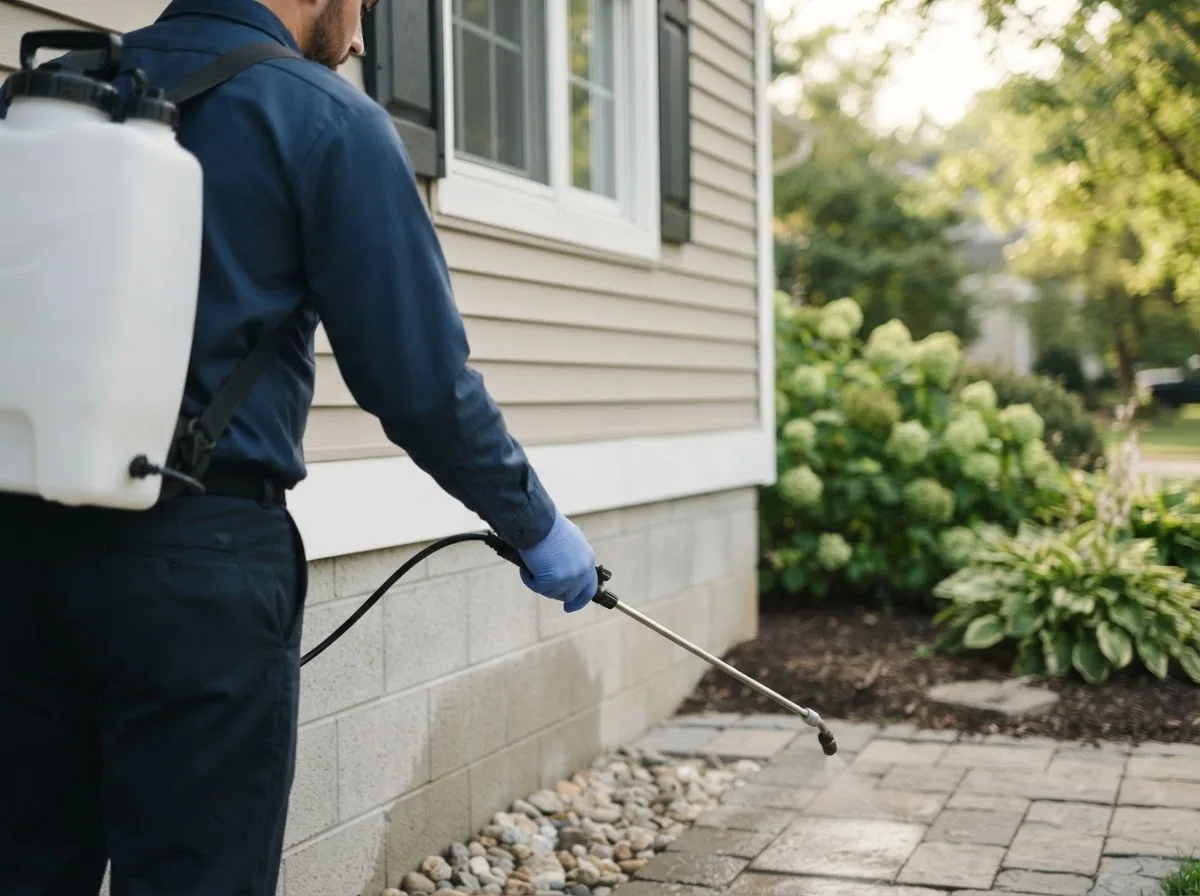 Pest control technician inspecting a home in Montague, MA